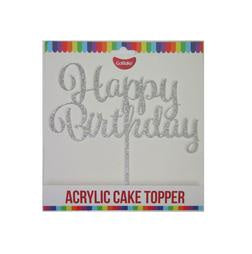 Cake Topper - Happy Birthday (Glitter Silver Acrylic)