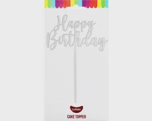 Cake Topper - Small Happy Birthday (Silver Acrylic)
